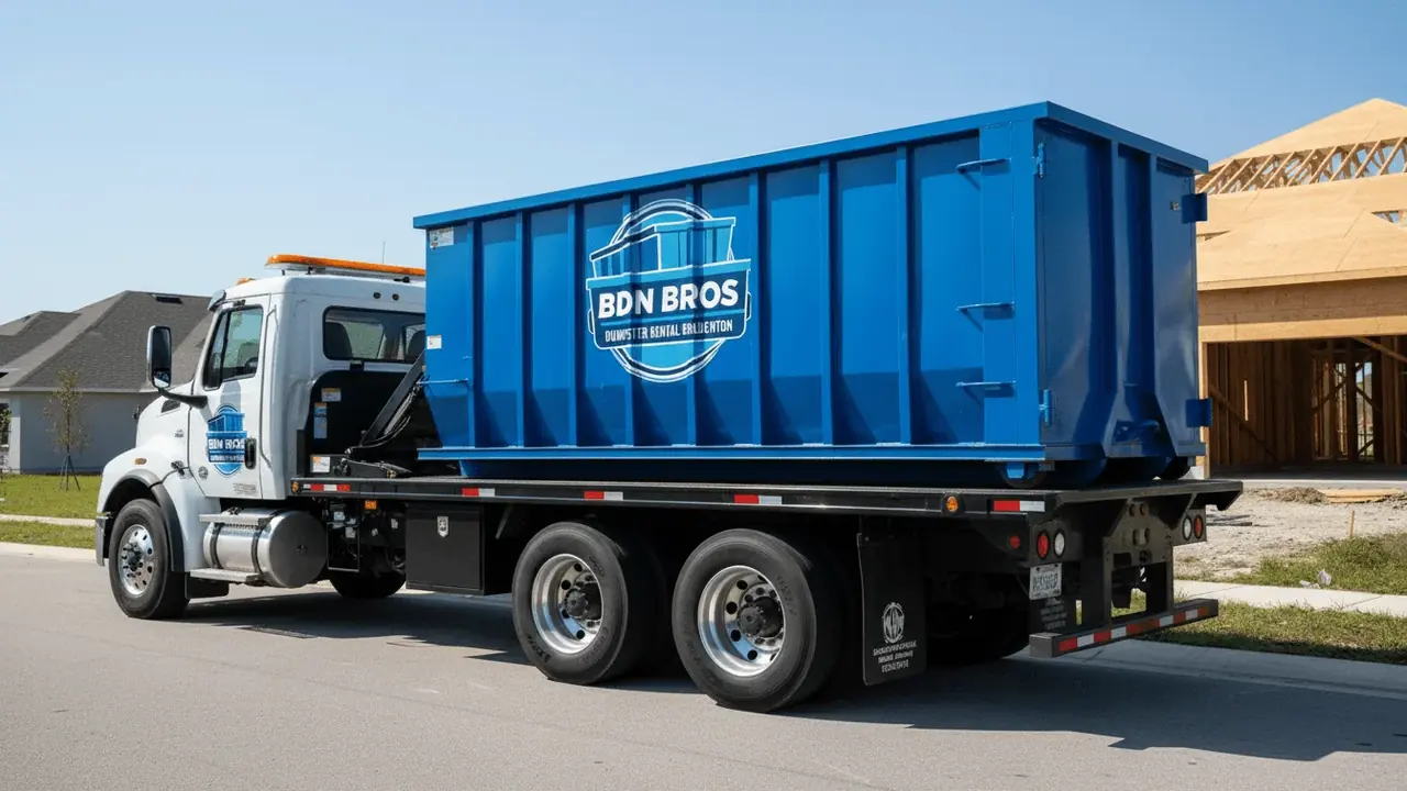 30 yard roll-off dumpster loaded on a flatbed delivery truck headed to a Manatee County renovation project 30 yard roll-off dumpster loaded on a flatbed delivery truck headed to a Manatee County renovation project