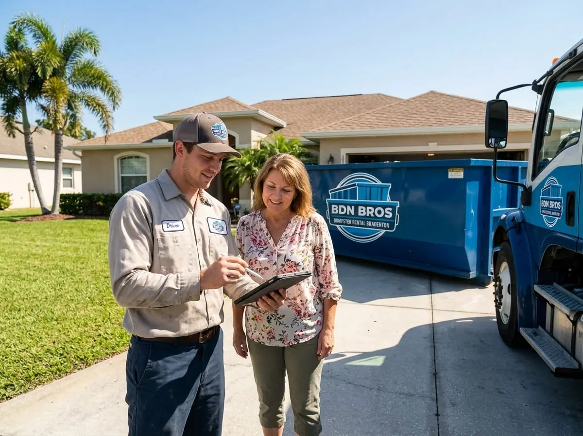 A BDN Bros Dumpster Rental Bradenton driver talking through a delivery with a Bradenton, FL homeowner